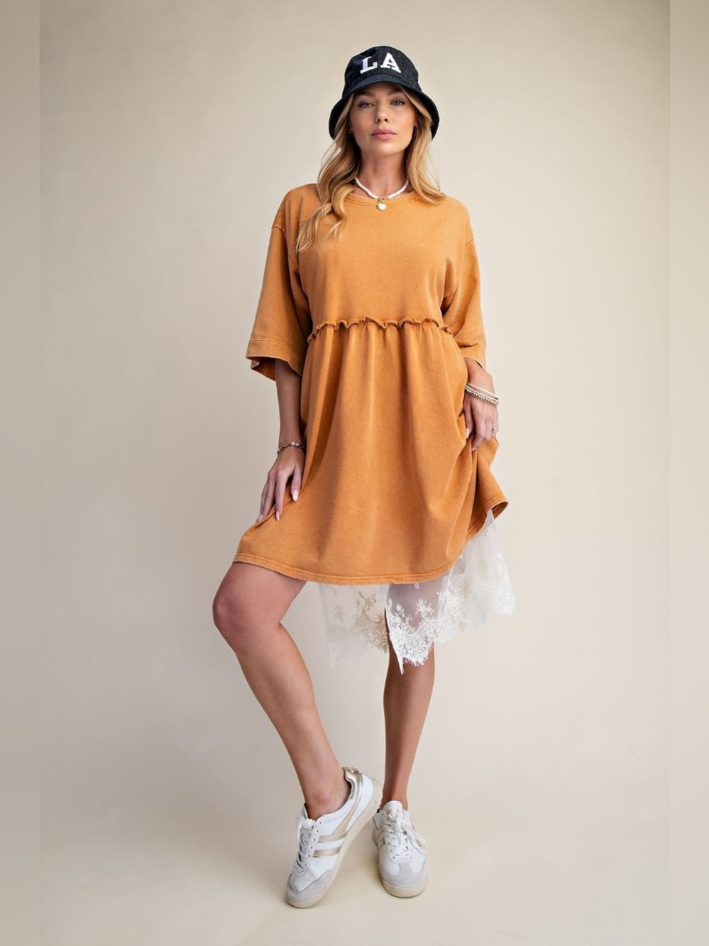 Easel Washed Amber Peplum Tee Dress with Lace Hem